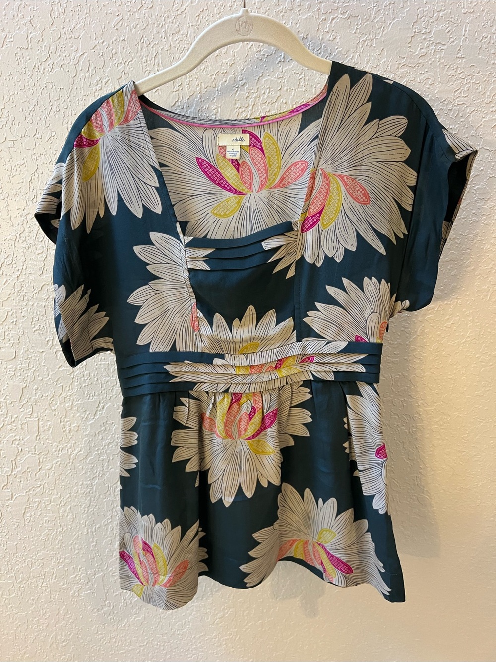 Anthropologie Odille Teal Floral Square-Neck Blouse with Pink & Yellow Accents